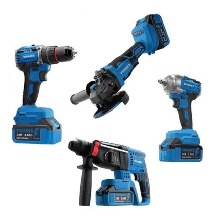 کیت شارژی براشلس VR2404-BCK — بکس 500N، دریل چکشی، مینی‌فرز و بتن-کن + 3 باتری 24V