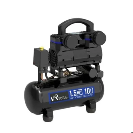 نمای روبه‌رو از کمپرسور باد ویوارکس مدل VR1015-SS ظرفیت ۱۰ لیتر بدون روغن سایلنت در محیط کارگاهی کوچک