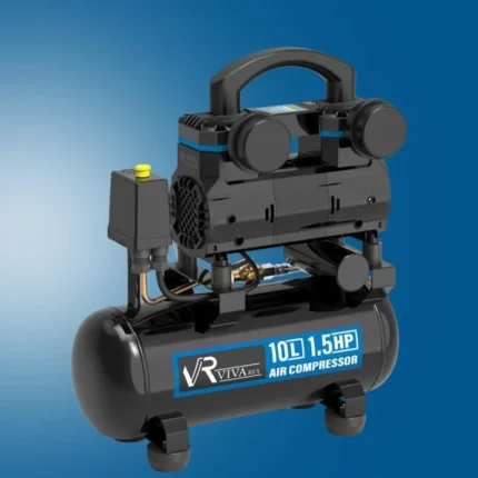 نمای روبه‌رو از کمپرسور باد ویوارکس مدل VR1015-SS ظرفیت ۱۰ لیتر بدون روغن سایلنت در محیط کارگاهی کوچک
